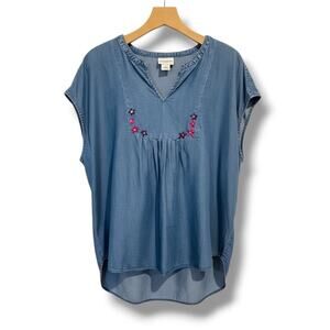 Liz Claiborne Women’s Chambray Blue Embroidered Sleeveless Top – 100% Lyocell XL